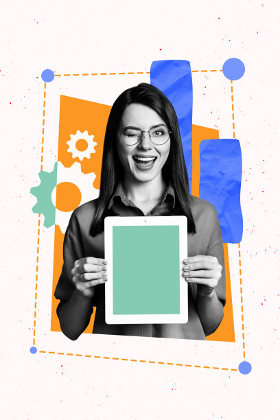 快乐女孩手持电子书阅读器的垂直照片拼贴，齿轮优化，自由职业者工作，背景为涂鸦风格。图片下载