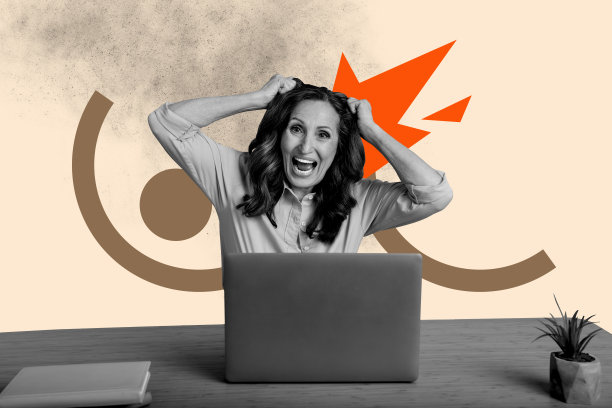 愤怒的办公室经理的复合趋势艺术作品，3D草图照片拼贴，疲惫的中年女性在工作中尖叫，表情符号，笔记本电脑，远程办公。图片下载