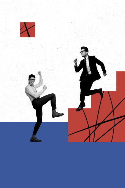 两位快乐而严肃的男性商业伙伴的垂直照片拼贴，展示了他们在职业发展阶梯上的晋升与成功，背景为涂鸦风格。图片下载