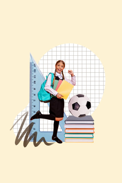 快乐可爱的女孩背着书包，手拿笔记本，准备上课的学习用品，竖版照片拼贴，背景为涂鸦风格。图片下载