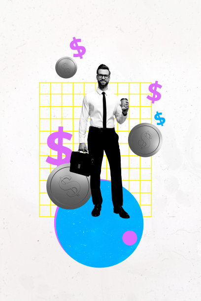 商业人士手持咖啡杯、美元和硬币的合成素描设计艺术照片拼贴，象征收入、财富、经济、银行和成功。图片下载