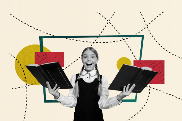 三维照片拼贴的草图模板设计，展示一位年轻女孩手持打开的书，微笑着在九月的秋季学习知识。图片下载