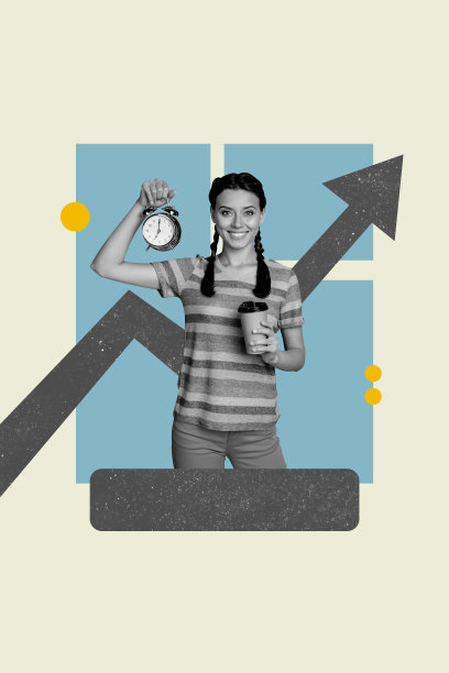 快乐的女经理手持闹钟和咖啡杯，展示职业发展的垂直照片拼贴，背景为涂鸦风格。图片下载