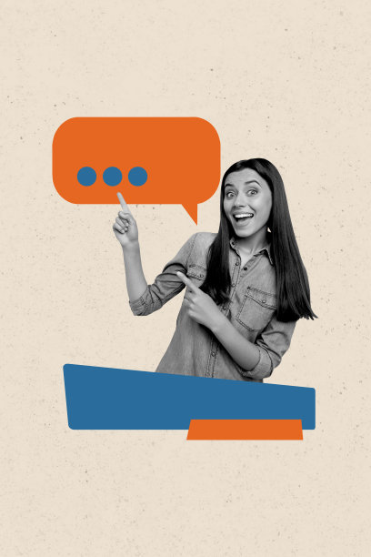 兴奋女孩的竖向照片拼贴，指向气泡沟通图标，消息通知语音短语，背景为涂鸦风格。图片下载