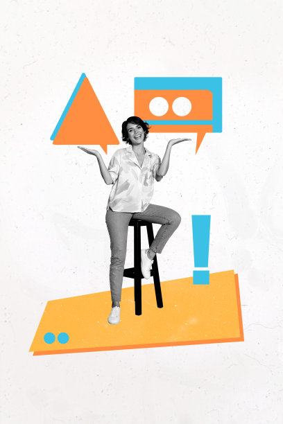 创意艺术草图，3D照片拼贴，年轻女士坐在扶手椅上微笑，手持讲话交流讨论信息。图片下载