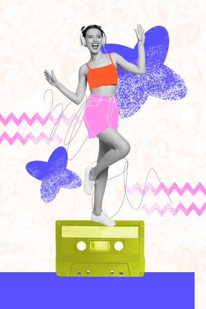 年轻女士在夜总会无忧无虑的周末活动中跳舞，创意3D照片拼贴艺术模板，配有卡带音乐和耳机图片下载