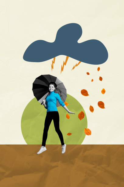 垂直照片拼贴，快乐女孩手持雨伞，秋季天气预报，雨云、干枯的树叶飞舞，旋风，背景为涂鸦风格。图片下载