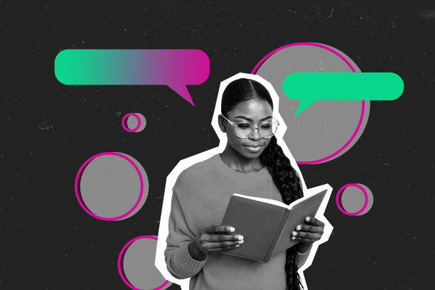 年轻学生聪明女士佩戴眼镜的复合趋势艺术作品，3D草图图像，照片拼贴，阅读书籍，交流，语音气泡。图片下载