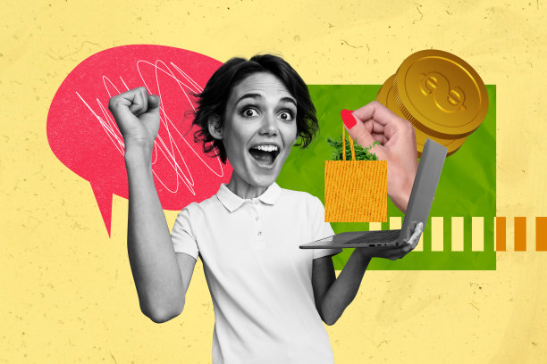 快乐女孩手持笔记本电脑，在线购物订单，手提包，窥视杂货气泡特卖，背景为涂鸦风格的合成照片拼贴。图片下载