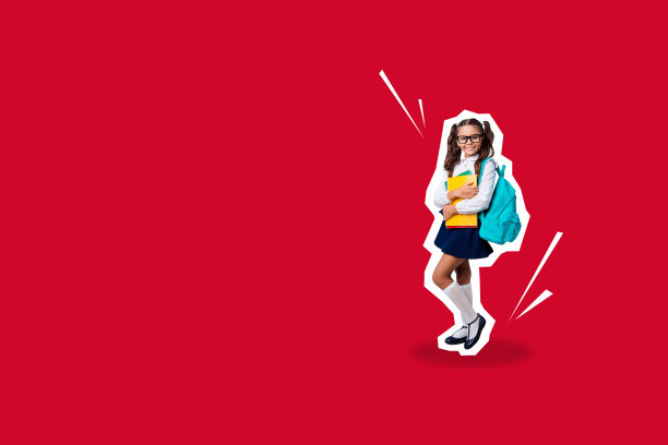 快乐的女学生手持笔记本和文具，背着书包，教育季节的拼贴照片，背景为涂鸦风格。图片下载