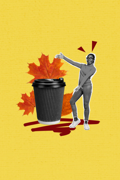 快乐的美国女孩的垂直照片拼贴，手持咖啡杯，周围是枫叶，秋季外带订单，背景为涂鸦风格。图片下载