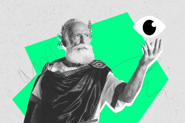 草图复合3D照片拼贴趋势艺术作品，展现视觉控制、聚焦、间谍、寻找、逃避的主题，历史悠久的老人手持第三只眼。图片下载