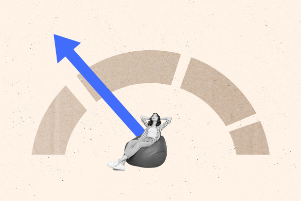 快乐女孩坐在豆袋上，周围是速度计、统计数据和商业发展职业成长的拼贴照片，背景为涂鸦风格。图片下载