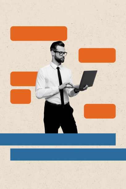 严肃的商人手持笔记本电脑，打字信息，语音气泡，电子邮件的垂直照片拼贴，背景为涂鸦风格。图片下载