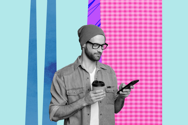 全3D海报艺术照片拼贴，快乐的女商人和男商人站在几何图形前，展示职业发展进步统计数据图片下载