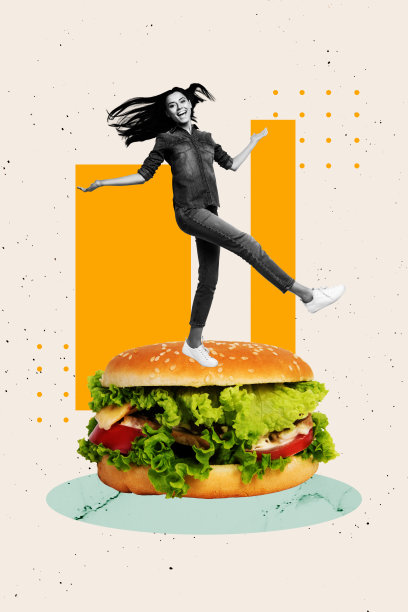 3D照片拼贴模板设计，展示一位年轻女士开心微笑，站在巨大的汉堡旁，体现美食、厨师、饮食和快餐的主题。图片下载