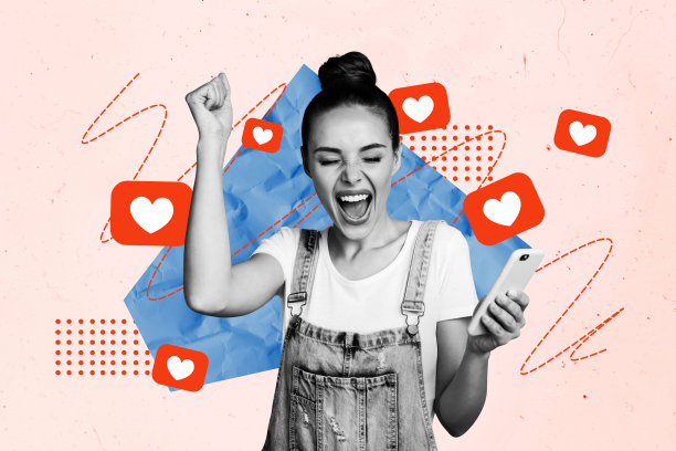 年轻女性庆祝胜利的创意照片拼贴，智能手机数字设备图标，通知，博主反馈，受欢迎程度图片下载