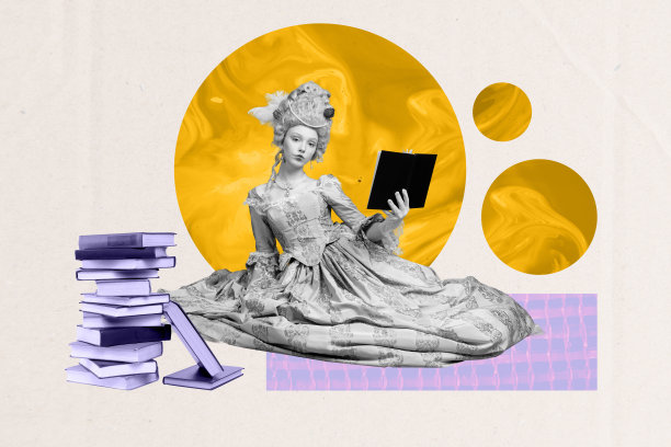 全景素描图，3D照片拼贴，严肃的公爵女孩手持书籍，阅读小说，书籍爱好，教育概念，皇家公主图片下载