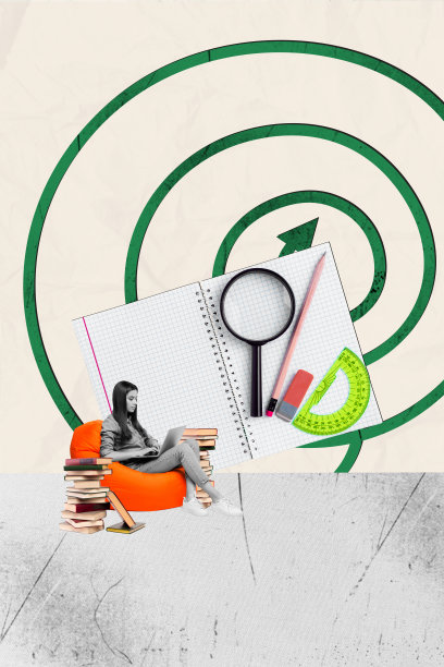 垂直照片拼贴，严肃的女孩类型，笔记本电脑，学生作业用品，准备好的书籍、笔记本、尺子，孤立在涂鸦背景上。图片下载