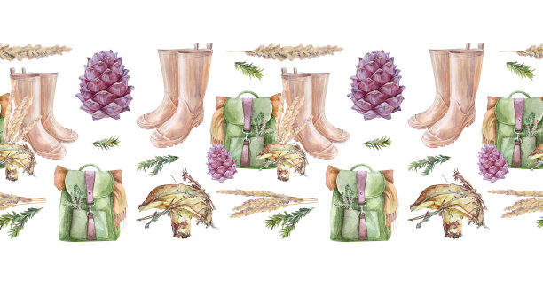 水彩无缝边框，带有绿色背包，适合采蘑菇和徒步旅行，背景为白色。雪松松果和橡胶靴。适合周末散步的森林旅游。可用于秋季贺卡或壁纸的边框。图片下载