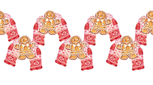 水彩无缝边框，背景为白色，手中拿着圣诞姜饼人的手套。庆祝冬季新年甜点食品，适用于菜单。适合壁纸或包装的烘焙饼干边缘。图片下载