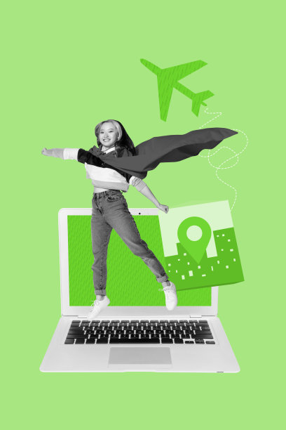 快乐女孩站在笔记本电脑键盘前的垂直艺术照片拼贴，展现夏季旅行冒险的城市地理位置。图片下载