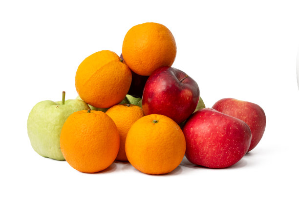 高分辨率的番石榴、红苹果和橙子水果照片，使用45MP相机拍摄图片下载