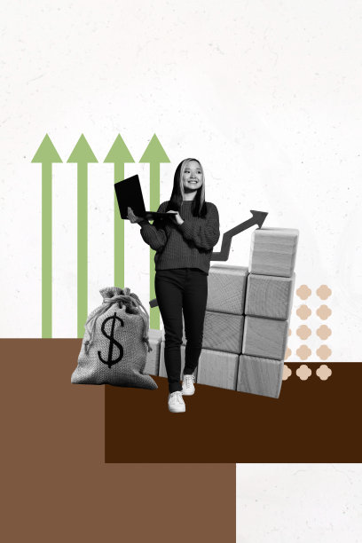 趋势艺术横幅草图 3D 照片拼贴，年轻女士手持笔记本电脑，手指向上，背包、金钱、金融、收入、富裕、银行、交易员图片下载