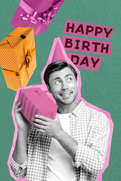 庆祝横幅广告的3D照片拼贴艺术作品，年轻男子微笑着手持惊喜生日祝福。图片下载