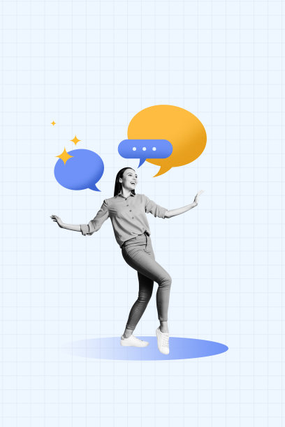 3D照片拼贴模板趋势艺术作品，包含棋盘格背景，年轻女性微笑走路，交谈贴纸，引用信息。图片下载