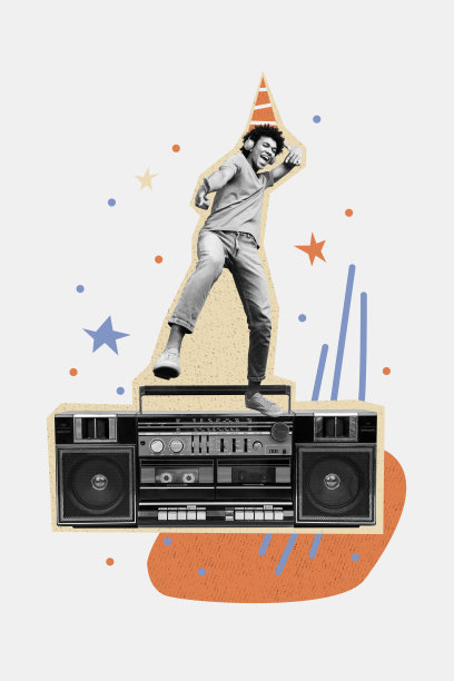 趋势模板草图设计 3D 照片拼贴，庆祝年轻男士生日，戴着耳机听音乐，跳舞，旁边有音响。图片下载