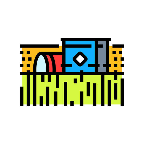 废弃田野中的油桶，化学污染彩色图标插图图片下载