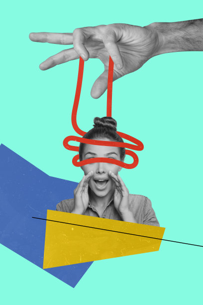 宣传洗脑操控的复合素描设计艺术作品，3D照片拼贴，手势、绳索、思想，年轻女性盲目交谈。图片下载