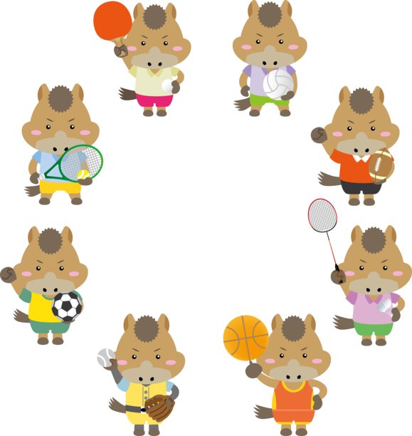 可爱的生肖马在玩球类运动的圆形框架 / 插图素材（矢量插图）图片下载