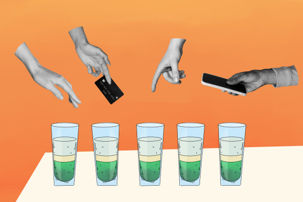 复合照片拼贴，展示手部选择酒精饮料、无接触信用卡支付、手机NFC，背景为涂鸦风格。图片下载