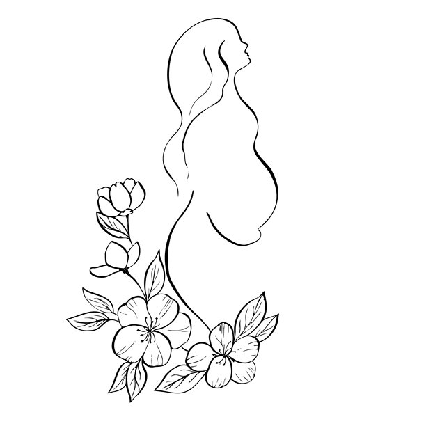 孕妇剪影手捧肚子，身旁盛开的樱花。手绘的线条轮廓樱桃树和苹果树在春天。宁静的母性素描插图。纹身插图。适合设计师、邀请函、装饰和明信片使用。图片下载