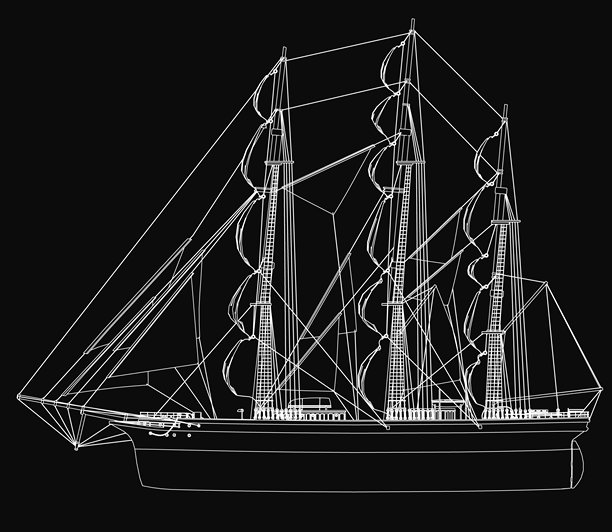 一艘高大的帆船，帆布鼓起，呈现为详细的黑白3D模型，捕捉经典航行的精髓。逼真的纹理和动态构图唤起了风的力量。图片下载