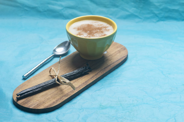 特写工作室静物照片，展示干香草豆放在复古木板上，背景为鲜艳的蓝色手工纸，旁边是一碗撒有肉桂的米布丁。图片下载