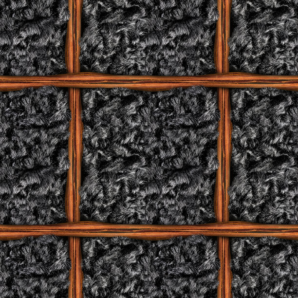 无缝的4K黑色阿斯特拉罕毛皮纹理照片材料，带有皮革带网格。图片下载