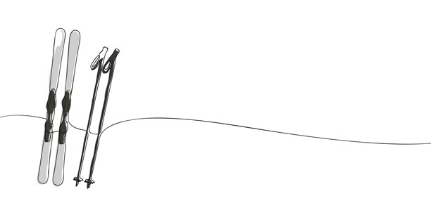 滑雪装备的连续线条艺术，包括在雪地中竖立的滑雪板和滑雪杖，完美适合冬季运动或阿尔卑斯冒险主题。图片下载