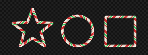 圣诞卡片或节日照片用的红绿条纹糖果手杖框架套装。带有甜美椭圆形、星形和矩形的3D边框设计。矢量横幅。图片下载
