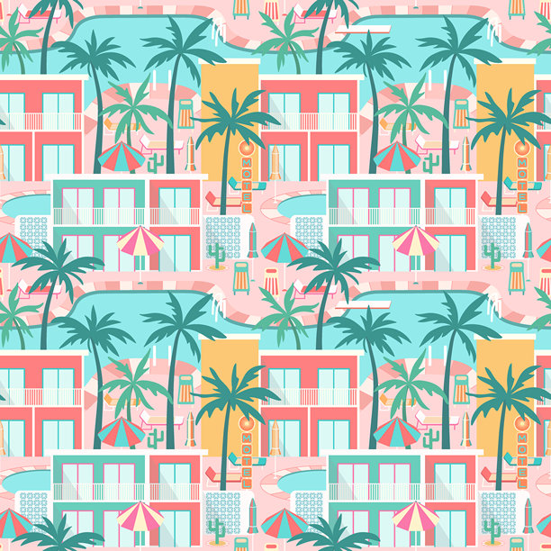 热带酒店场景无缝图案。色彩缤纷的复古泳池度假村景观，配有棕榈树、躺椅、遮阳伞、可爱的汽车旅馆建筑和碧绿色泳池。图片下载