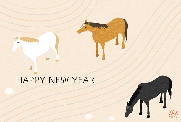 2026年日本风格的新年贺卡，马与枯山水，简单的等角插图展示马与枯山水。图片下载