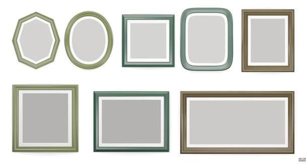 一组绿色现代框架，孤立在白色背景上。逼真的矩形、圆形、椭圆形绿色相框模型。经典边框套件，用于绘画和照片画廊。3D矢量插图。图片下载
