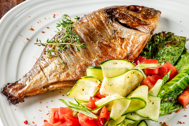 白盘上的香烤鱼配百里香、黄瓜带、番茄和生菜。健康的美食佳肴，搭配新鲜蔬菜，完美适合清淡饮食和食品造型。图片下载
