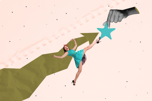 快乐的商人和商女站在箭头发展、星星评价和最佳标记成就的创意照片拼贴艺术图像图片下载