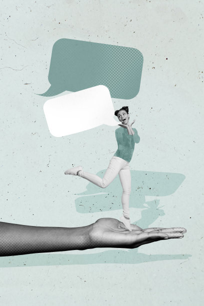 艺术图像，垂直时尚的照片拼贴，快乐女孩站立，手掌表示，独白交流图标，言语气泡图片下载