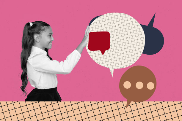 时尚海报艺术照片拼贴，快乐的女学生站着触摸气泡进行交流，回到学校的知识概念图片下载