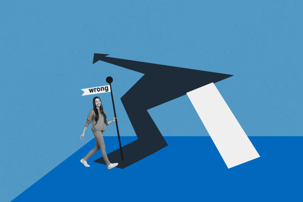 年轻女士手持旗帜走错方向的3D照片拼贴模板设计，展示职业创业、资金流程和策略箭头。图片下载