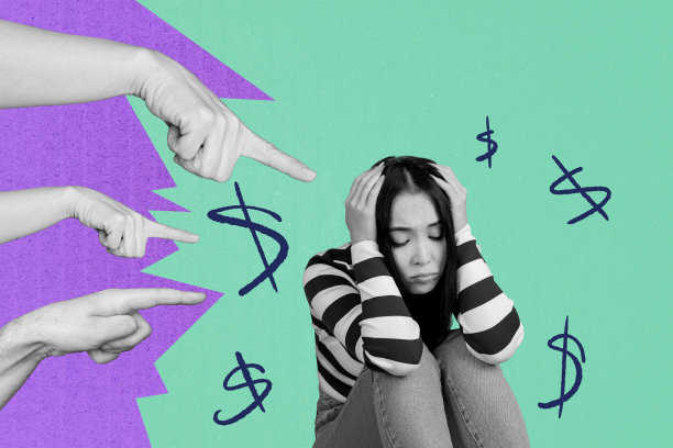 复合艺术作品照片拼贴，展示一位年轻女士坐着，因金融投资、通货膨胀危机和预算问题而感到压力。图片下载